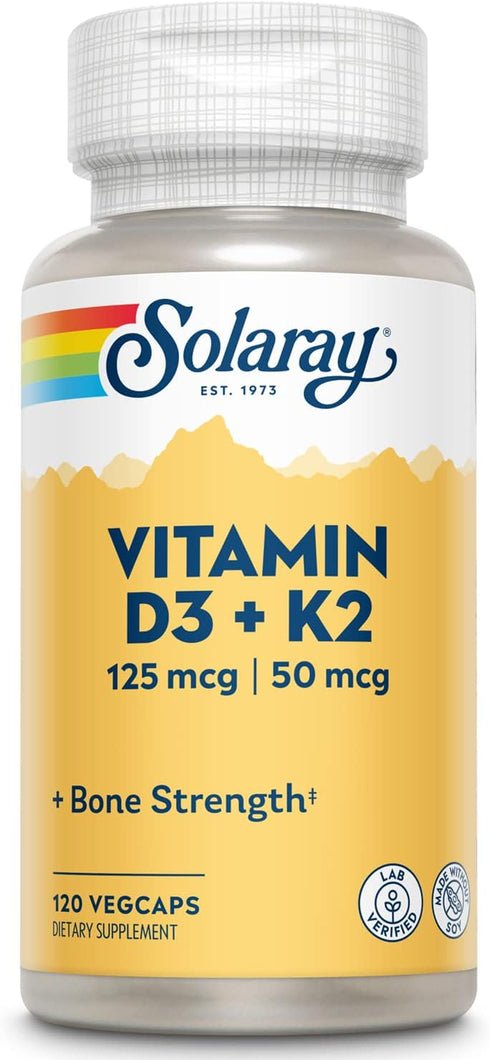 SOLARAY Vitamin D3 K2 Supplement - Bone Health and Immune Support - 5000 IU Vitamin D3, 50 mcg K2, 120 VegCaps