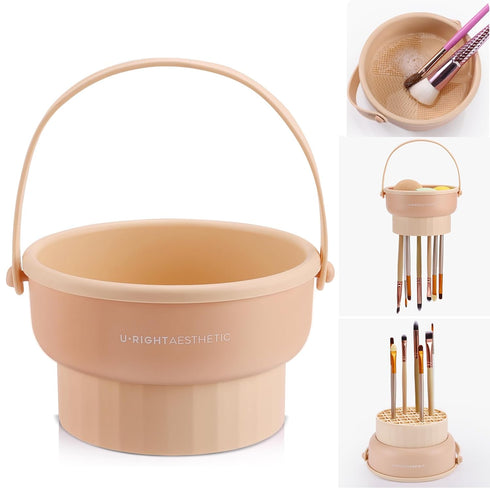Makeup Brush Cleaner Mat, 3 in 1 Silicone Cleaning Bowl, Organizer for Brushes, Sponges, and Powder Puffs - Khaki