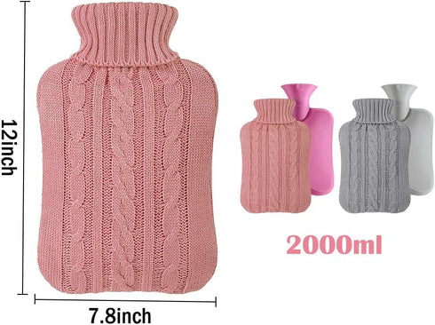 Kellegour 2pcs 2 Rubber Hot Water Bottle with Knitted Cover, Warm Water Heat Bottles for Menstrual Cramps, Pain Relief