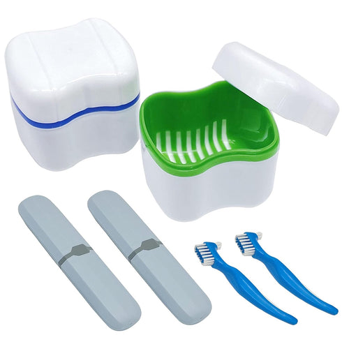 Denture Cup Kit, 2 Denture Cases with 2 Denture Toothbrushes & 2 Portable Toothbrush Boxes for Travel