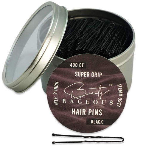 Super Grip U-Shaped Hair Pins - Approx 400 Ct - Handy Reusable Tin (Black)