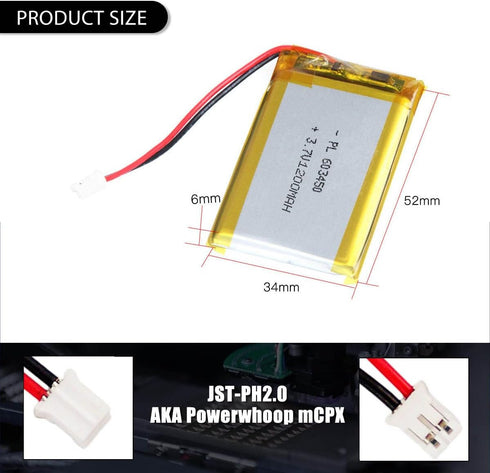 3.7V 1200mAh Battery 603450 Lithium Polymer Ion Rechargeable Li-ion Li-Po Battery with 2P PH 2.0mm Pitch Connector