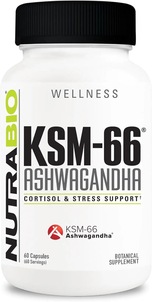 NutraBio Ashwagandha KSM-66 Herbal Supplement, 600mg, 60 Vegetable Capsules