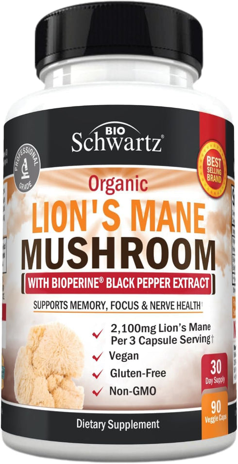 Organic Lions Mane Supplement Capsules, 90 Count, 2100mg for Memory and Focus