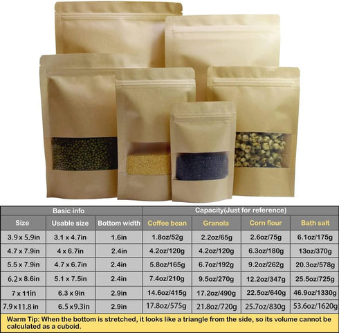 100pcs Kraft Paper Stand Up Pouches, Ziplock Food Storage Bags with Matte Window, Reusable, Heat-Sealable