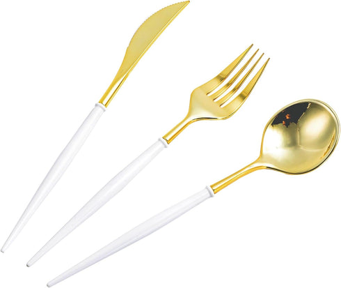 90PCS Gold Plastic Silverware Set - Heavy Duty Cutlery with 30 Spoons, 30 Forks, 30 Knives, White Handle for Parties