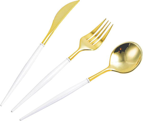 90PCS Gold Plastic Silverware Set - Heavy Duty Cutlery with 30 Spoons, 30 Forks, 30 Knives, White Handle for Parties