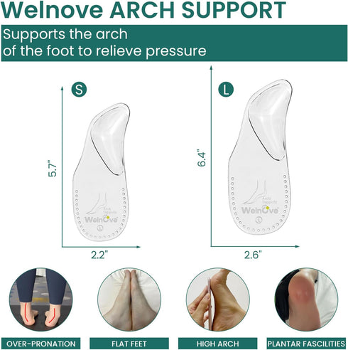 Welnove Arch Support Inserts - Self Adhesive Gel Arch Supports for Flat Feet & Foot Pain Relief, Reusable
