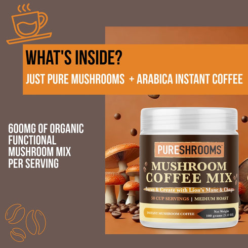 Focus & Create Adaptogenic Instant Mushroom Coffee, 50-Serve Pack with Lion’s Mane & Chaga for Brain Support