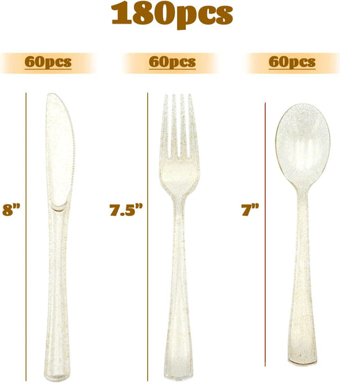 180PCS Gold Plastic Silverware Set, Disposable Glitter Gold Cutlery, Flatware Set, 60 Gold Forks, 60 Gold Spoons, 60 Gold Knives, Fancy Party Utensils