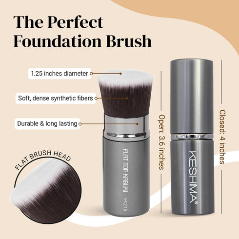 Flat Top Retractable Makeup Brush - Premium Travel Makeup Brush, Kabuki Brush, Foundation Brush for Liquid Makeup, Powder and Cream
