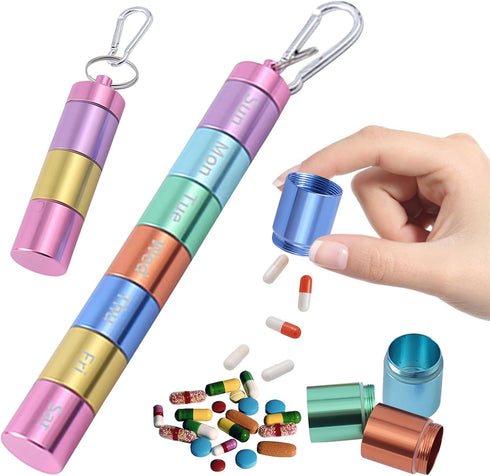 QKDS 7 1 Pill Box Organiser, Portable Weekly Pill Box, Day Times a Day Compartments Tablet Organiser Box, Rainbow Metal