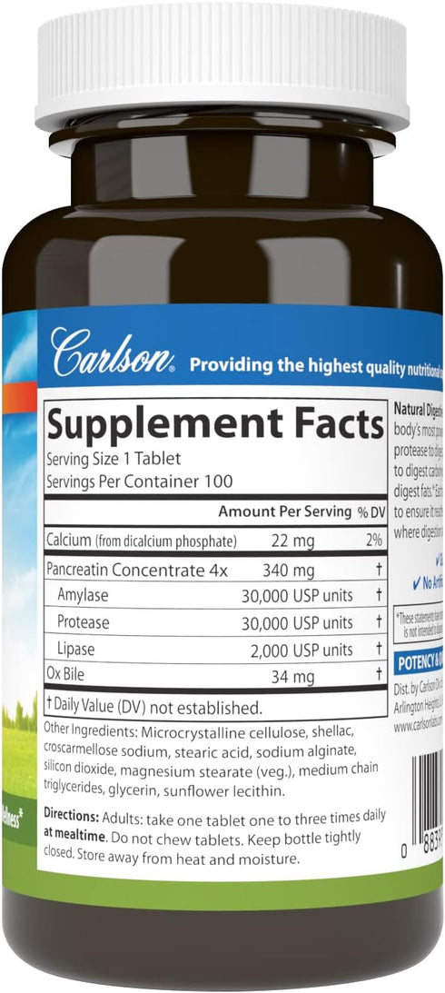 Carlson Natural Digestive Enzymes, Digestive Aid #34 with Protease, Amylase & Lipase, 100 Tablets