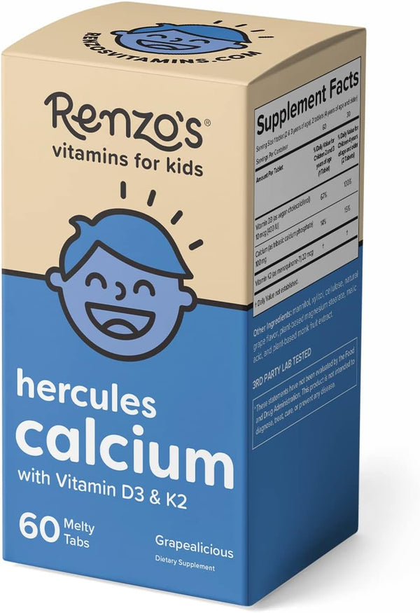 Renzo's Hercules Calcium Supplement with Vitamin D3 & K2 - 60 Grape-Flavored Melty Tabs for Kids Ages 2+