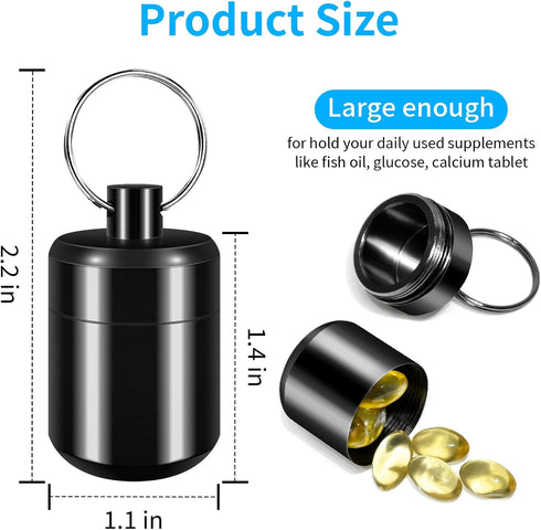 Pill Keychain Holder - 2pcs Small Waterproof Pill Box Organizer for Travel (Black + Gray)