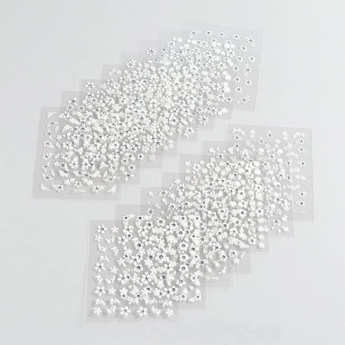 30 Sheets White Flower Nail Art Stickers, 3D Self Adhesive Designs with Rhinestones for Nail Decorations