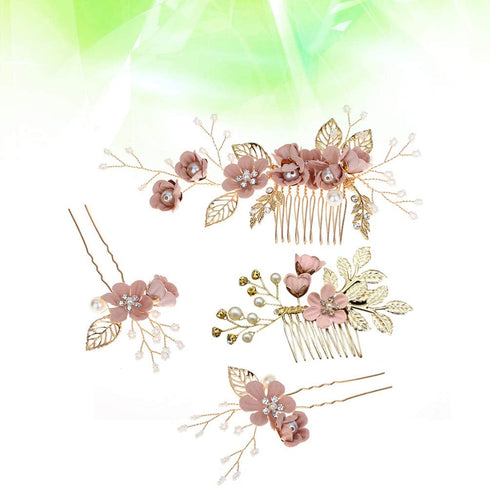 NUOBESTY 4Pcs Wedding Hair Clip Comb, Handmade Pearl Floral Leaf Hair Accessories for Women (Pink)