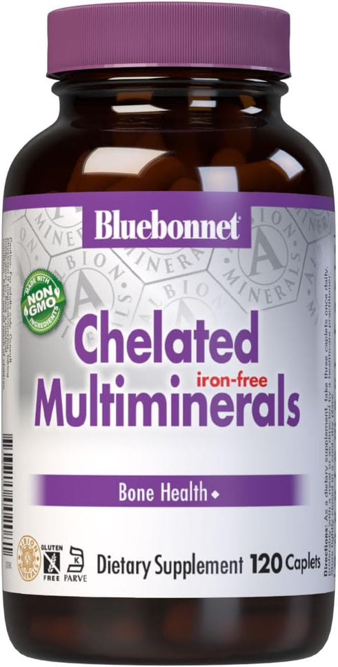 Bluebonnet Nutrition High Potency Chelated Multiminerals (Iron-Free), Albion Chelated Minerals, 120 Caplets
