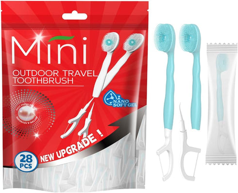 KUGUAN 28 Packs Mini Brushes-Disposable Toothbrushes with Toothpaste+Tongue Scraper+Floss+Toothpick Individually Wrapped Prepasted Toothbrush