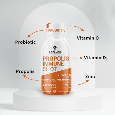BEE and You Propolis Immune Shot - Probiotic, Vitamin C, Vitamin D3, Zinc for Immune Support, Gut Health, Digestive