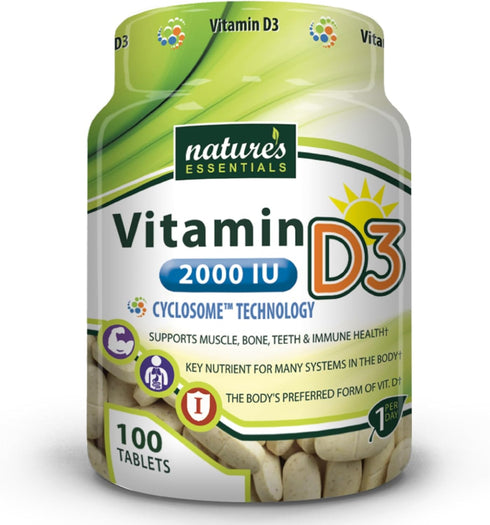 NATURE'S ESSENTIALS Vitamin D3 2000IU, Immune Support, Non-GMO, Gluten Free, Vegetarian, 100 Tablets