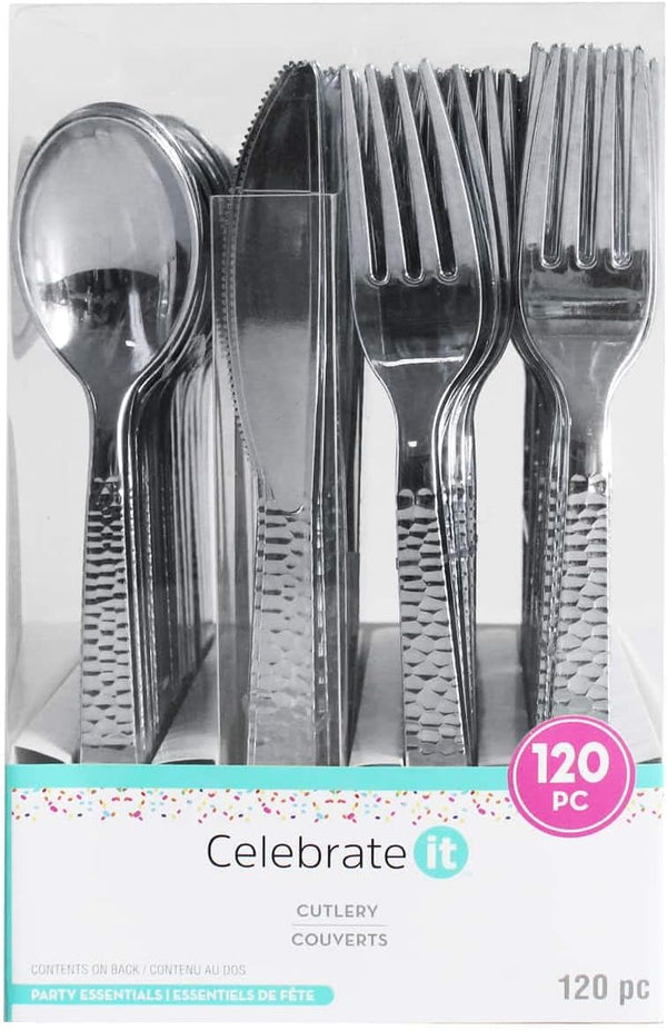 Celebrate It Silver Hammered Plastic Cutlery Set, 120ct.