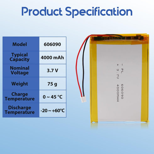 Winfox 3.7V 4000mAh 606090 Pack PH2.0mm Lipo Battery Rechargeable Lithium Polymer Battery with JST Connector