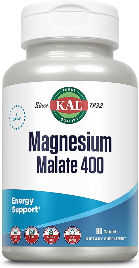 KAL Magnesium Malate 400mg, Chelated Magnesium Supplement, 90 Veg Tabs, Vegan, Non-GMO