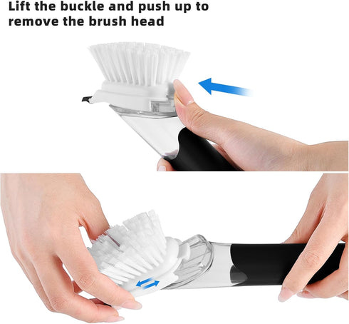 SUBEKYU Dish Brushes with Soap Dispenser, Kitchen Scrubber Brushes with Handle for Dishes/Pans/Pots, Black, 2Pack