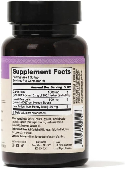 NatureWise Odorless Garlic Pills 1500 mg, with Royal Bee Jelly & Bee Pollen, 60 Softgels