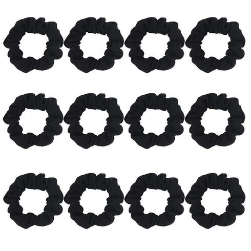 Pack of 12 Cotton Hair Scrunchies - Solid Color Ponytail Holders for Girls (Black)