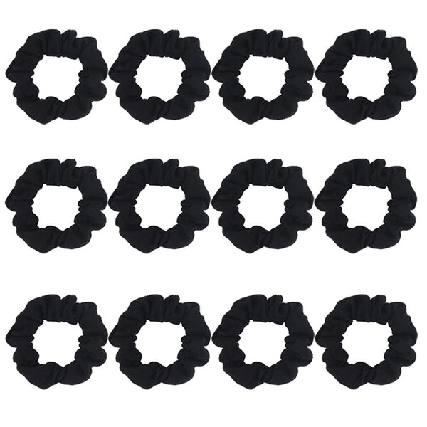 Pack of 12 Cotton Hair Scrunchies - Solid Color Ponytail Holders for Girls (Black)