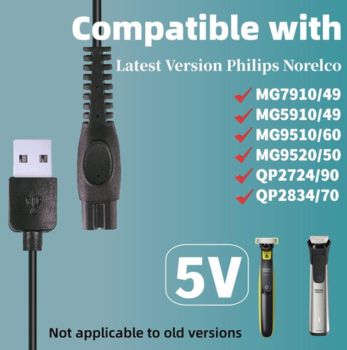 USB-A Charging Cable for Latest Version Philips Norelco MG5910/49 MG7910/49 MG9510/60 MG9520/50 QP2724/90 QP2834/70 Trimmer Replacement Power Cord, 2 Pcs