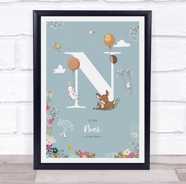 The Card Zoo New Baby Birth Details Christening Nursery Woodland Animals Initial N Gift Print