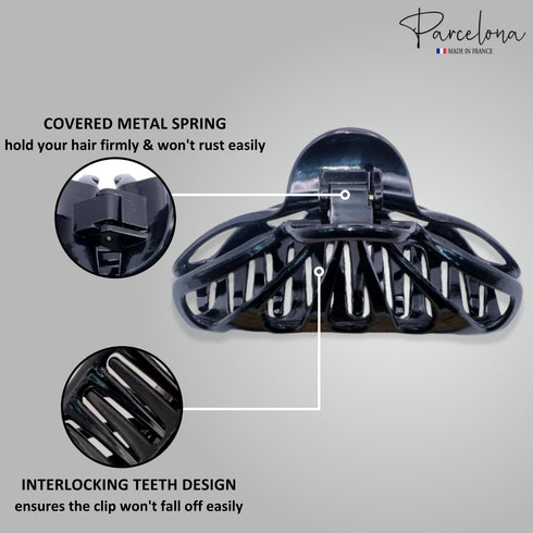 Parcelona Large Black Covered Spring Celluloid Jaw Hair Claw Clip, 4 Inch, Rain Drop Design