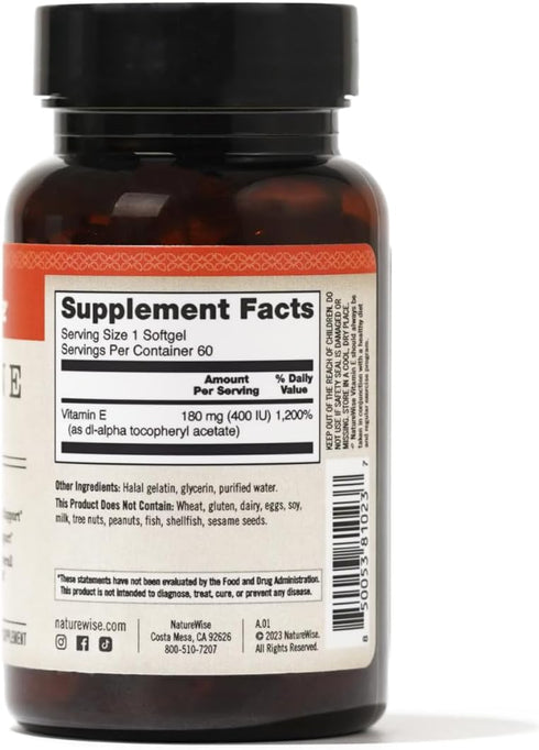 NatureWise Vitamin E 400 IU Softgels | 60 Count | Dairy Free, Gluten Free, Antioxidant-Rich Dietary Supplement
