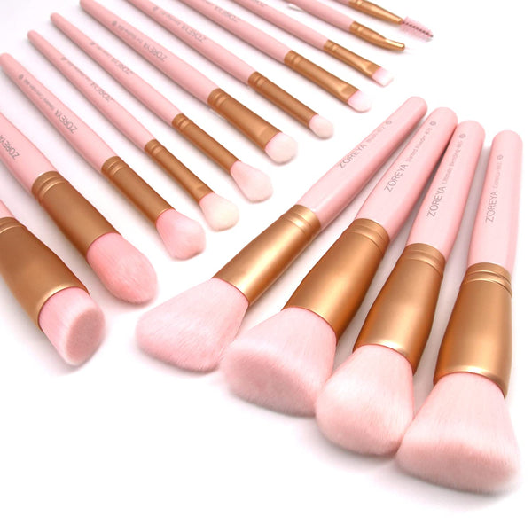 Z'OREYA 15Pcs Makeup Brush Set, Premium Synthetic Kabuki Brushes for Foundation, Concealers, Blush, Eye Shadows (Pink)