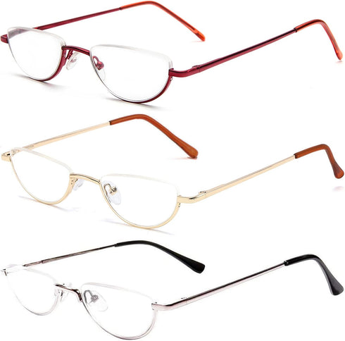 REAVEE 3 Pack Half Frame Retro Designer Alloy Reading Glasses for Women Men with Pouch, Red Gold Silver, 2.25