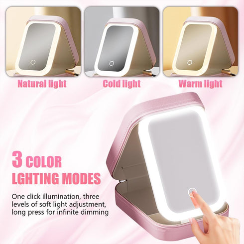 Travel Makeup Bag with LED Light Up Mirror, 3 Color LED Adjustable Brightness Waterproof Cosmetic Bag Train Case Makeup Organizer Bag Portable Makeup Box Jewelry Storage for Women Girls