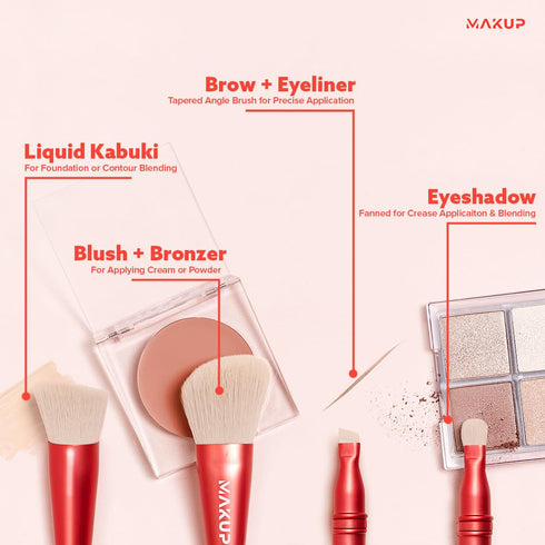 MAKUP JetSetter 4 in 1 Travel Makeup Brush - All in One Set includes Kabuki Liquid Foundation, Blush, Contour, Eyeshadow & Angeled Brush for Brow and Eyeliner. Luxurious, Ultra Soft, Vegan Bristles.