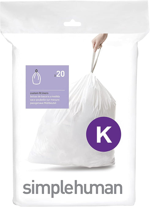 simplehuman Code K Custom Fit Drawstring Trash Bags, 20 Liners, 35-45 Liter / 9.2-12 Gallon, White