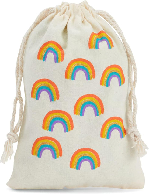 12-Pack Rainbow Party Favor Bags, Mini Canvas Drawstring Treat Pouches, Kids Birthdays, Unicorn Celebrations