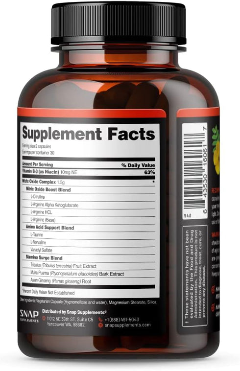 Snap Supplements Nitric Oxide Booster, Supports Healthy Blood Circulation, 60 Capsules