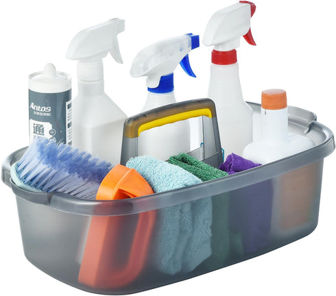 Large Cleaning Caddy with Handle, Sturdy Bucket Organizer for Cleaning Supplies, Clear Grey