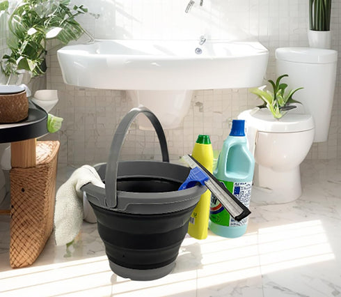 SAMMART Collapsible Plastic Bucket, Foldable Round Tub with Handle, Grey+Black (Set of 2), 5.5L