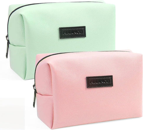 MAANGE 2 Pcs Portable Makeup Bag for Women, Travel Cosmetic Pouch, PU Leather (Pink+Green)