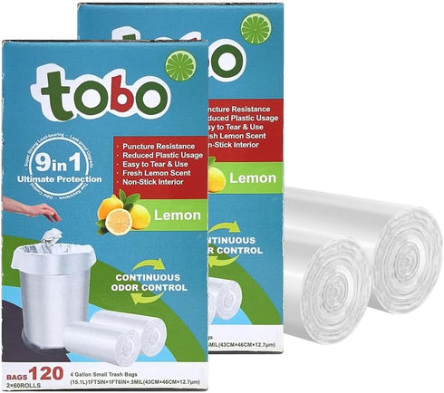 tobo 4 Gallon Small Trash Bags, 240 Count (2 Boxes), Lemon Odor Control,