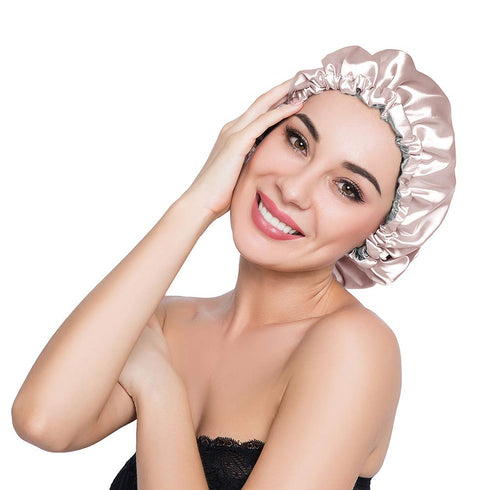 Stain Bonnet Silky Sleep Cap, Adjustable Satin Hair Bonnet for Night Sleeping, Champagne/Grey