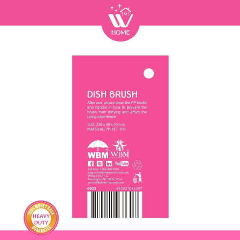 WBM Home Dish Brush, 3 Pack, Soft Long Handle, Durable Nylon Bristles, Pink