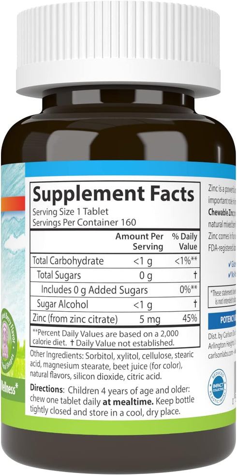 Carlson Kid's Chewable Zinc, 5 mg, Natural Mixed Berry Flavor, 160 Tablets for Health Support